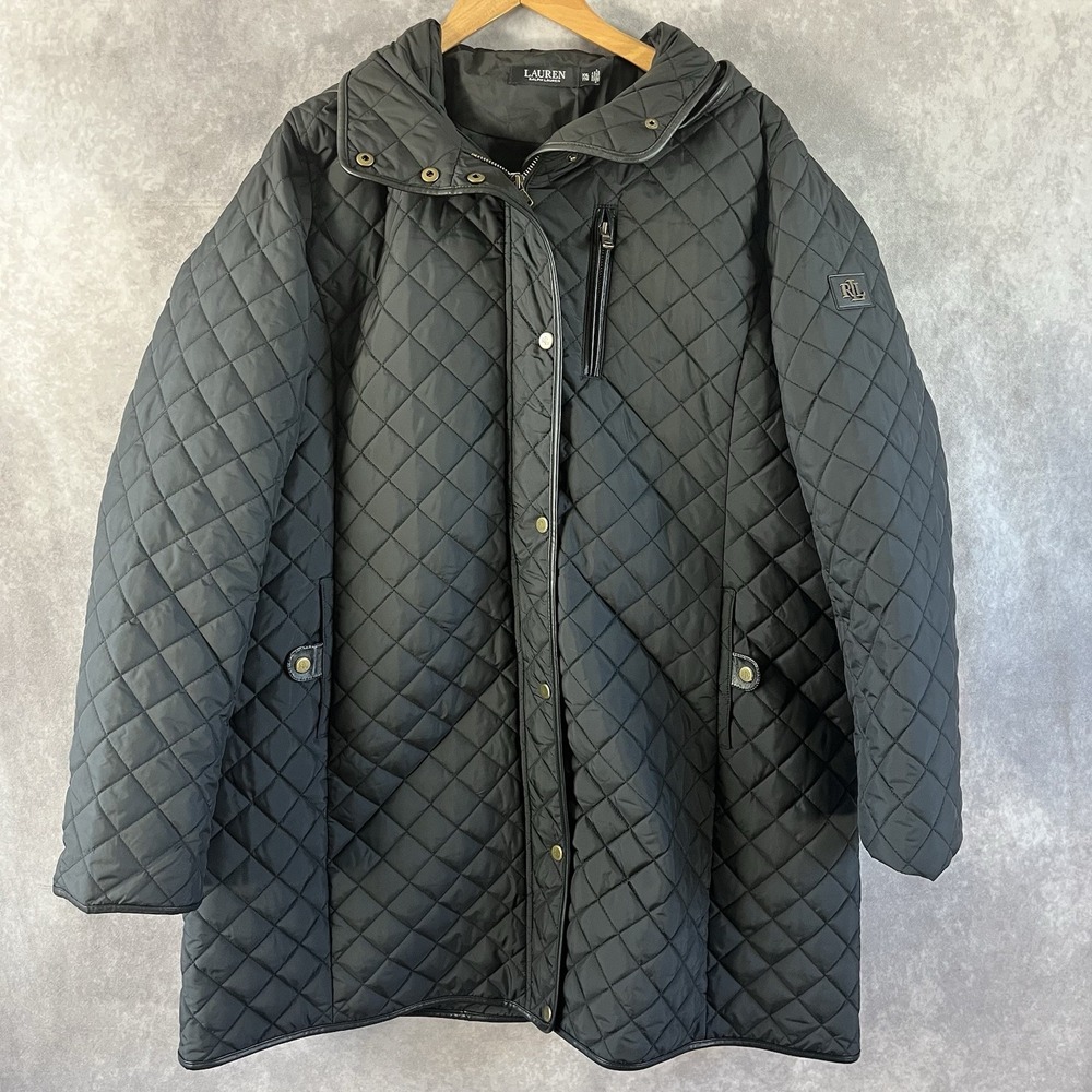 Lauren Ralph Lauren Quilted Jacket Women XXL Black Hooded Faux Leather Trim